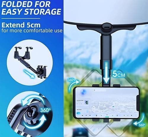 360° Rotatable & Retractable Rearview Mirror Phone Holder for Car | Universal Anti-Shake Smartphone Mount | Adjustable Multifunctional Car Phone Cradle for Safe Driving | Fits All iPhones & Androids 2