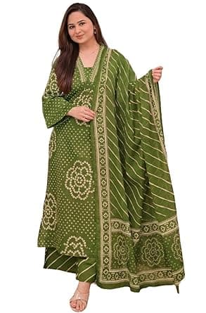 Klosia Women Pure Cotton Kurta Pant Set with Dupatta | Bandhani Print Kurta Sets for Women | Comfortable Suit Sets|Regular Fit