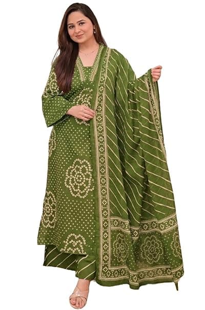 Klosia Women Pure Cotton Kurta Pant Set with Dupatta | Bandhani Print Kurta Sets for Women | Comfortable Suit Sets|Regular Fit
