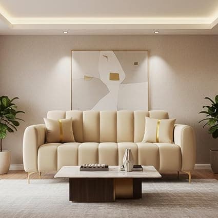 FURNY Harmony 2 Seater Velvet Fabric Sofa Set (Beige) with Golden Finish Legs Durable & Comfortable Ideal for Living Room, Offices