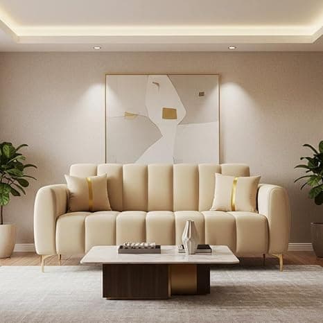 FURNY Harmony 2 Seater Velvet Fabric Sofa Set (Beige) with Golden Finish Legs Durable & Comfortable Ideal for Living Room, Offices