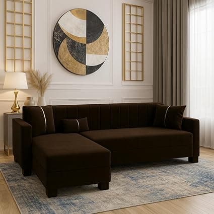 SOCOZI Almeria 4 Seater LHS L Shape Sofa Set | Soft Velvet Suede Fabric | Modern Design | Plush Comfort Cushions for Living Room (Dark Brown)