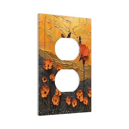 Outlet Covers Oil Painting Abstract Orange Butterfly Flower 1 Gang Duplex Light Switch Cover Plate Decorative Wallplates Electrical Switchplate Socket Cover for Bedroom Home Decor
