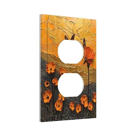 Outlet Covers Oil Painting Abstract Orange Butterfly Flower 1 Gang Duplex Light Switch Cover Plate Decorative Wallplates Electrical Switchplate Socket Cover for Bedroom Home Decor