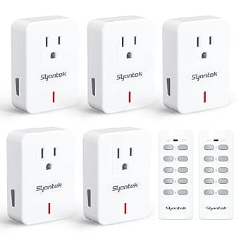 Syantek Wireless Remote Control, Electric Socket, Switch for Home Appliances, Expandable Remote Control, Light Switch Set, 100 ft, RF Range, White 5 Outlets + 2 Remotes (White)