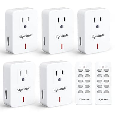 Syantek Wireless Remote Control, Electric Socket, Switch for Home Appliances, Expandable Remote Control, Light Switch Set, 100 ft, RF Range, White 5 Outlets + 2 Remotes (White)