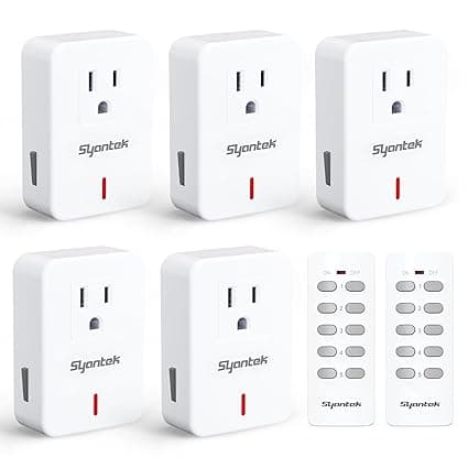 Syantek Wireless Remote Control, Electric Socket, Switch for Home Appliances, Expandable Remote Control, Light Switch Set, 100 ft, RF Range, White 5 Outlets + 2 Remotes (White)