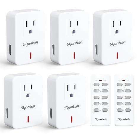 Syantek Wireless Remote Control, Electric Socket, Switch for Home Appliances, Expandable Remote Control, Light Switch Set, 100 ft, RF Range, White 5 Outlets + 2 Remotes (White)