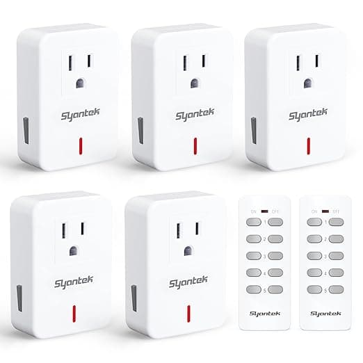 Syantek Wireless Remote Control, Electric Socket, Switch for Home Appliances, Expandable Remote Control, Light Switch Set, 100 ft, RF Range, White 5 Outlets + 2 Remotes (White)