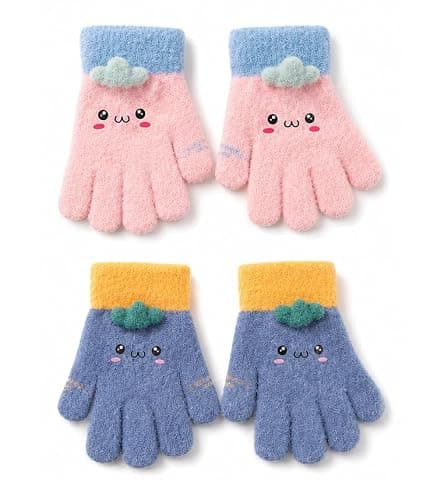 ANESHA 2 Pair Pack Soft Fleece Kids Winter Gloves Cute Kawaii Cartoon Face Knitted Thermal Hand Wear Children (AGE 0-2 YEARS)