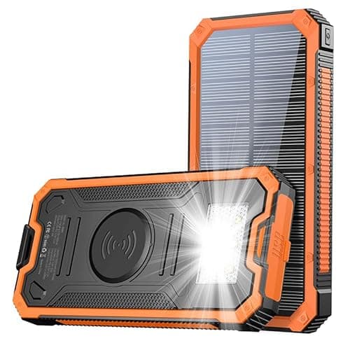 Solar Charger Power Bank, 20,000mAh Portable Wireless Charger with USB C Input/Output for Cell Phones, External Battery Pack with Dual Flashlight for Camping