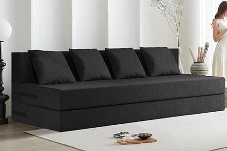 Rosebell Lightweight Four Person Sofa Cum Bed Jute Fabric Washable Cover Including 4 Cushion Size 6' X 6' Ft | Color - Black | Perfect for Home & Office, Guest Room