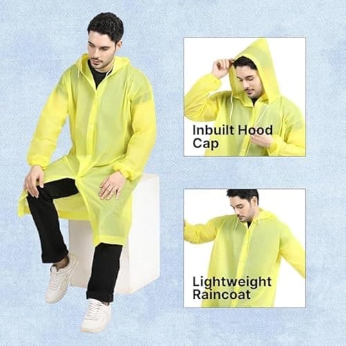 EVA Waterproof Unisex Raincoat with Hood – Reusable Rain Poncho | Lightweight Full Sleeve Outdoor Raincoat for Men and Women – Camping, Hiking, Travel Jacket – Universal Size (Yellow) 3