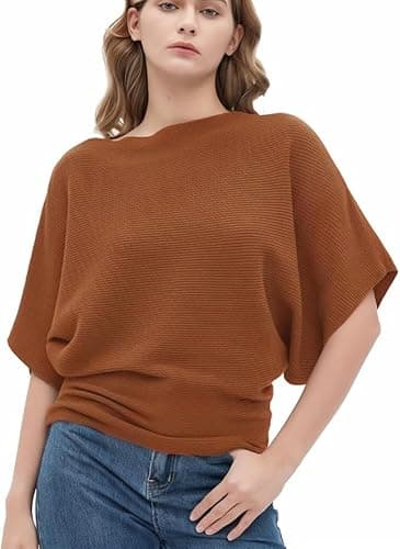 Zilcon Woman Fashion Ribbed Batwing Sleeves Bagy Balloon Style Fit Tops for Women Women Formal, Casual, Office, Date, Outing, Party Tops (in, Alpha, M, Regular, Brown)