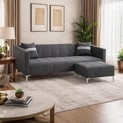 Solomon Luxe Velvet-Suede Fabric 3 Seater Sofa Set with Ottoman | Silver Aesthetic Legs | Comfortable Seating | Modern Sofa for Living Room – Dark Gray