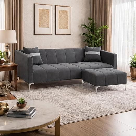 Solomon Luxe Velvet-Suede Fabric 3 Seater Sofa Set with Ottoman | Silver Aesthetic Legs | Comfortable Seating | Modern Sofa for Living Room – Dark Gray
