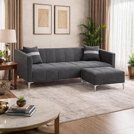 Solomon Luxe Velvet-Suede Fabric 3 Seater Sofa Set with Ottoman | Silver Aesthetic Legs | Comfortable Seating | Modern Sofa for Living Room – Dark Gray