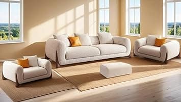 Modern Sofa Chesterfield Design with Stylish Wooden Legs Bouncy Teddy Fabric Off-White Finish Sofa for Living Room, Bedroom, Hallways (3+1+1+Ottoman)