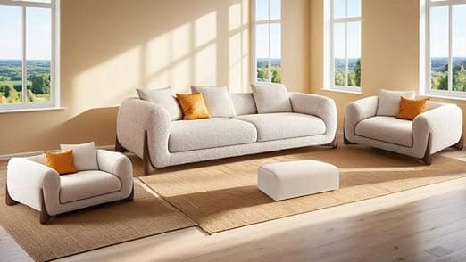 Modern Sofa Chesterfield Design with Stylish Wooden Legs Bouncy Teddy Fabric Off-White Finish Sofa for Living Room, Bedroom, Hallways (3+1+1+Ottoman)