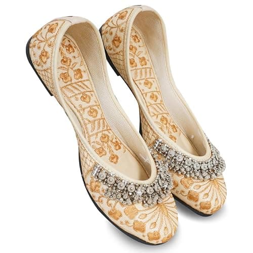 DFR Women Ethnic Rajasthani Embroidery with Payal Punjabi Mojari's Shoe Juti Jutti’s, Color - DarkCream1, UK Size - 8 3