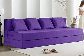 Rosebell 4-Person Lightweight Sofa Cum Bed | Jute Fabric with Washable Cover & Cushion | 6 x 6 Ft | Purple | Perfect for Home & Office Guests