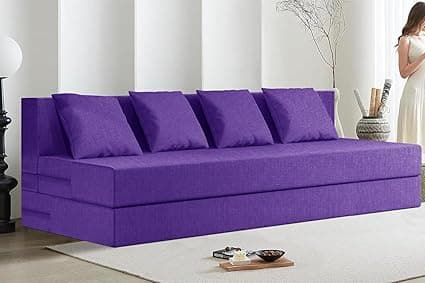 Rosebell 4-Person Lightweight Sofa Cum Bed | Jute Fabric with Washable Cover & Cushion | 6 x 6 Ft | Purple | Perfect for Home & Office Guests