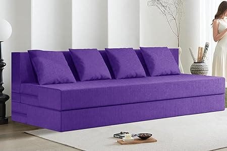 Rosebell 4-Person Lightweight Sofa Cum Bed | Jute Fabric with Washable Cover & Cushion | 6 x 6 Ft | Purple | Perfect for Home & Office Guests
