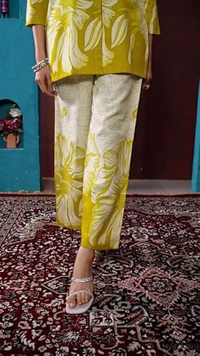 AK Fashion Mall Women Floral Printed Co-Ord Set | Cotton Fabric | Cream–Mustard | Collared Top with Pant | 3/4 Sleeve | Smart Office Wear 3