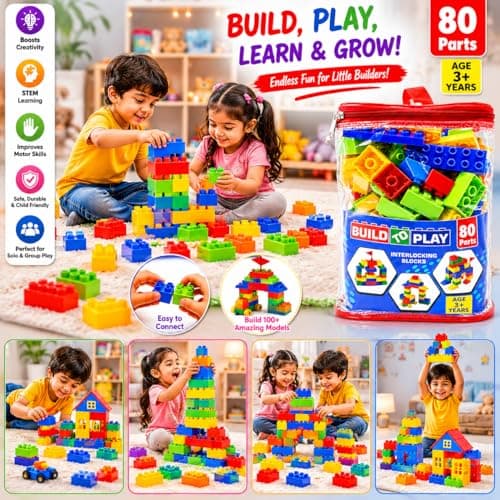 Negi Build to Play Interlocking Blocks Set – 80 Pieces Large Building Blocks for Kids 3+ Years, Creative Construction Toy, Educational STEM Learning Bricks. 3