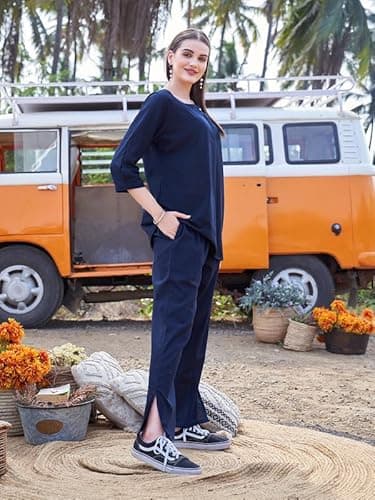 TITTLI Women Cotton Flex Plain Kurta and Pant Dark Rani Color Co-Ord Set (Navy Blue, XXL) 5
