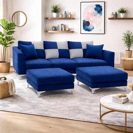 Romeo Rich Velvet Suede 3 Seater Sofa Set with 2 Ottomans | Golden Aesthetic Legs | Spacious Soft Touch Comfort Seating | Modern Sofa for Living Room (Dark Blue)