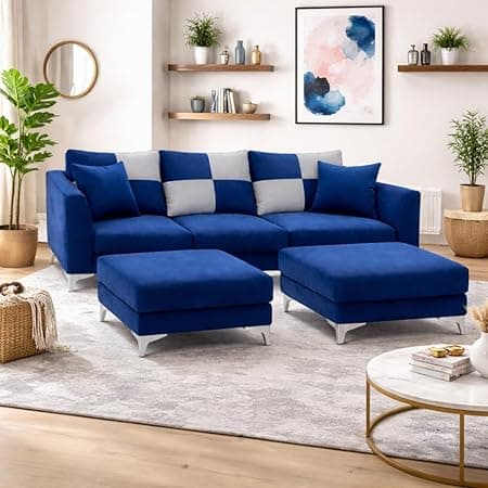 Romeo Rich Velvet Suede 3 Seater Sofa Set with 2 Ottomans | Golden Aesthetic Legs | Spacious Soft Touch Comfort Seating | Modern Sofa for Living Room (Dark Blue)