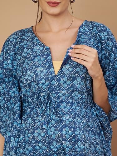 Aaheli Women’s Cotton Printed Maternity Kaftan Top with Pant Set | V-Neck Feeding Friendly Pregnancy Lounge Wear Co-Ord Set | Comfortable Nursing & Home Wear Outfit | Blue 5