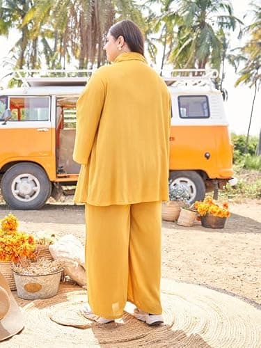 TITTLI Wrinkle Rayon Oversized Shirt & Palazzo Plus Size Co-Ord Set for Women | Relaxed Fit Two Piece Outfit | Casual Wear Outfit | Sizes - XXL, 3XL, 4XL, 5XL, 6XL Mustard 2