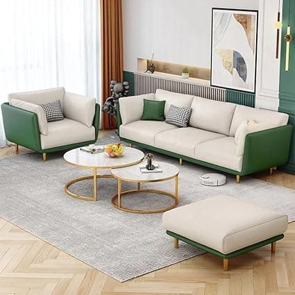 Chesterfield Velvet Upholstery 3-Seater with Armchair and Footrest, Design in 3+1+Footrest Sofa for Living Room, Bedroom, Hallways (Beige & Green)