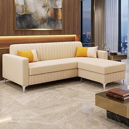 SOCOZI Anton 3 Seater Modular L Shape Sofa Set with Ottoman | Soft Velvet Suede Fabric | Modern Design | Plush Comfort Cushions for Living Room (Cream)