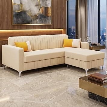 SOCOZI Anton 3 Seater Modular L Shape Sofa Set with Ottoman | Soft Velvet Suede Fabric | Modern Design | Plush Comfort Cushions for Living Room (Cream)