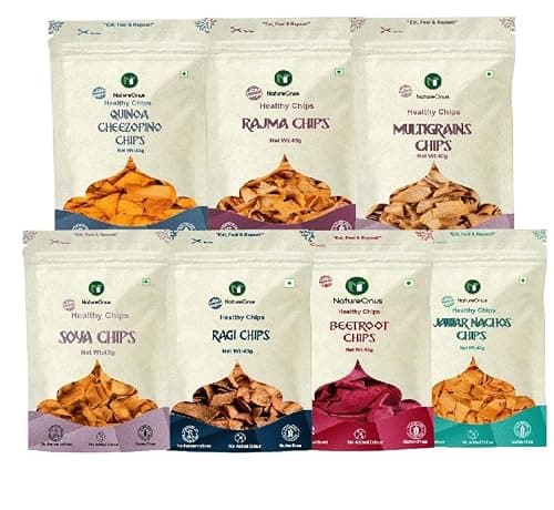 NatureOnus High Protein Chips Combo Pack of 7 (301g) | 7 Snacks Pack x 43g | Ragi, Beetroot, Multigrain, Jowar, Quinoa, Soya & Rajma Chips | Gluten-Free, No Maida, No Preservatives, No Palm Oil, High 