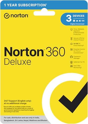 Norton 360 Deluxe |3 Users 1 Year|Total Security for PC, Mac, Android or iOS|Additionally Includes Password Manager, PC Cloud Back Up, SafeCam for PC