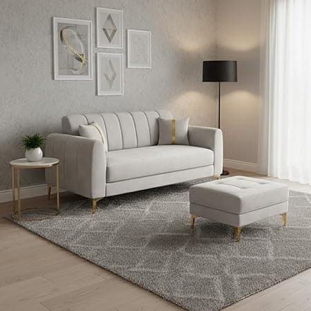 Hermione Luxe Velvet-Suede Fabric 2 Seater Sofa Set with Ottoman | Golden Legs | Comfortable Seating | Modern Sofa for Living Room – Light Gray
