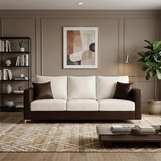 Hayes Dual Tone Premium Leatherette 3 Seater Sofa | Golden Aesthetic Legs | Spacious Soft Touch Comfort Seating | Modern Sofa for Living Room (Brown & Cream)