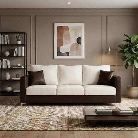Hayes Dual Tone Premium Leatherette 3 Seater Sofa | Golden Aesthetic Legs | Spacious Soft Touch Comfort Seating | Modern Sofa for Living Room (Brown & Cream)