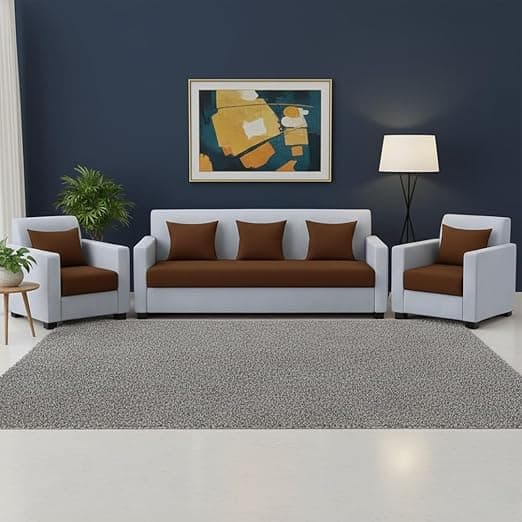 FURNY Lexon 5 Seater Fabric 3+1+1 Sofa Set (Brown-Light Grey) Premium Velvet Finish | Durable & Comfortable | Ideal for Living Room