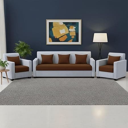 FURNY Lexon 5 Seater Fabric 3+1+1 Sofa Set (Brown-Light Grey) Premium Velvet Finish | Durable & Comfortable | Ideal for Living Room