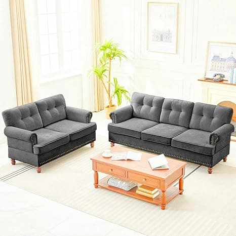 FURNART FURNITURE & INTERIOR Aldro Sofa Set Button Tufted Design | Washable Velvet Fabric Upholstered Couch with Rolled Arms | Living Room Furniture (Grey, 3+2 Seater)