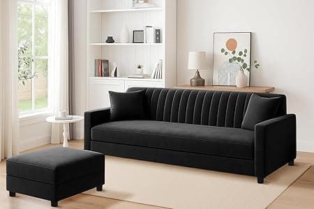 Three Seater Wooden Sofa Set Comfortable Velvet Fabric Sofa Set with Ottoman Stylish & Space-Saving Design for Home & Office Guest Room (Black Color)