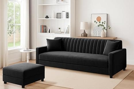 Three Seater Wooden Sofa Set Comfortable Velvet Fabric Sofa Set with Ottoman Stylish & Space-Saving Design for Home & Office Guest Room (Black Color)
