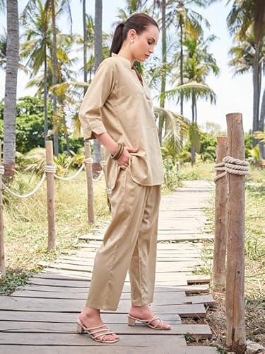 TITTLI Cotton Silk Co-Ord Set for Women | V-Neck Tunic with Three-Quarter Sleeves, Side Slits & Relaxed Fit Trousers | Office & Casual Wear Outfit | L, XL, XXL, 3XL 5