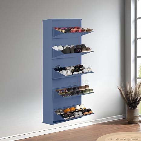 DELITE KOM 24" Wide, 10 Shelf Metal Shoe Rack Wall Mounted for Home with Central Lock Holds Upto 30 Shoes or 50 Slippers Pair | Double Decker, 1 Yr Warranty, (67x24x8, Graphite Grey) DIY, Space Saver