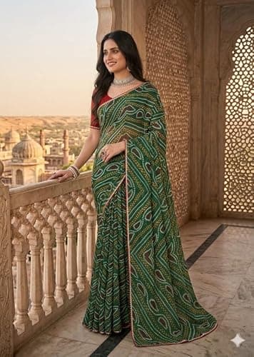 Georgette Saree with Beautiful Design Lightweight Ethnic Outfit for Women Festive Function Use Green 3